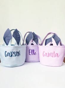 Custom Embroidered Text Canvas Bag Bunny Ears Candy Bag, Children's Decorative Tote Bucket, Christmas Canvas Bag Easter Basket, Wedding Party Bridesmaid Gift Bag, Suitable For Daily Use. Can Be Used As A Gift For Family, Friends, Children - Baby Pink - View 3