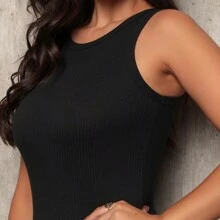 Kit 02 Basic Tank Top Midi Dress Round Neck Ribbed Fitted Casual Basic - 黑色 - 查看 5