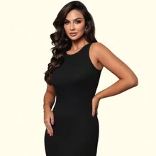 Kit 02 Basic Tank Top Midi Dress Round Neck Ribbed Fitted Casual Basic - 黑色 - 查看 4