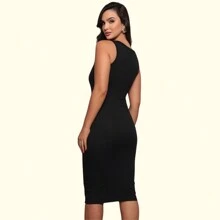 Kit 02 Basic Tank Top Midi Dress Round Neck Ribbed Fitted Casual Basic - 黑色 - 查看 3