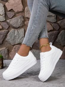 新款女士时尚低帮休闲鞋，百搭系带白色运动鞋，轻便软底帆布鞋