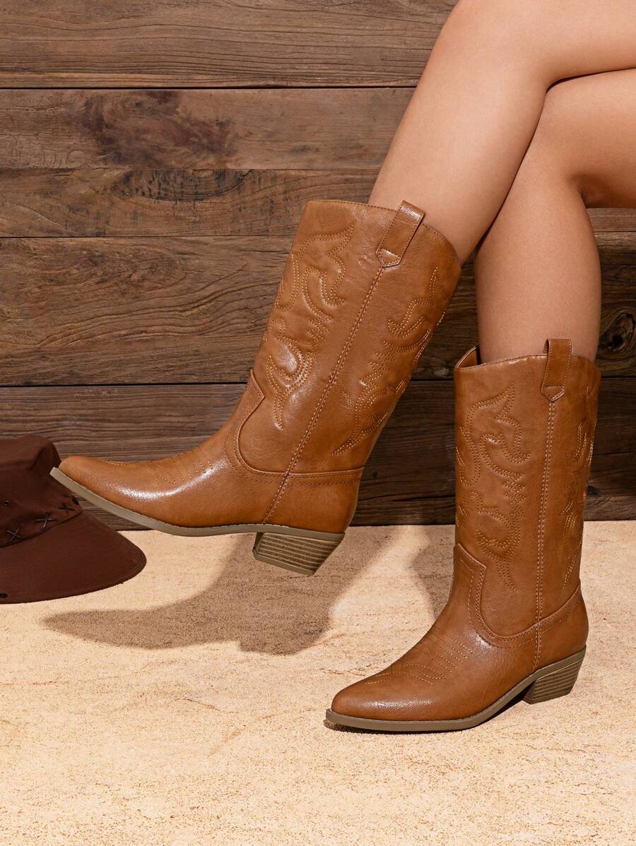 BURUDANI Women's Classic Western Cowboy Boots Slip-On Pointed Toe Embroidery Matching Dress Music Festival Party Farm Mid-Calf Camel Boots - 駝色 - 查看 1