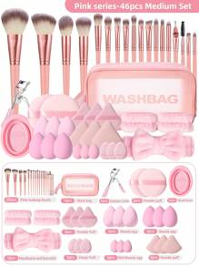 15/20/22/30/46件套化妆工具套装，包含：1个多功能拉链防水化妆包+18支化妆刷+6个化妆海绵+3个迷你化妆海绵+3个三角粉扑+3个迷你气垫粉扑+1个化妆刷清洁工具+1个发圈+2个手碗挂绳+1个睫毛夹+3个气垫粉扑+2个圆形粉扑。 - 彩色 - 查看 1