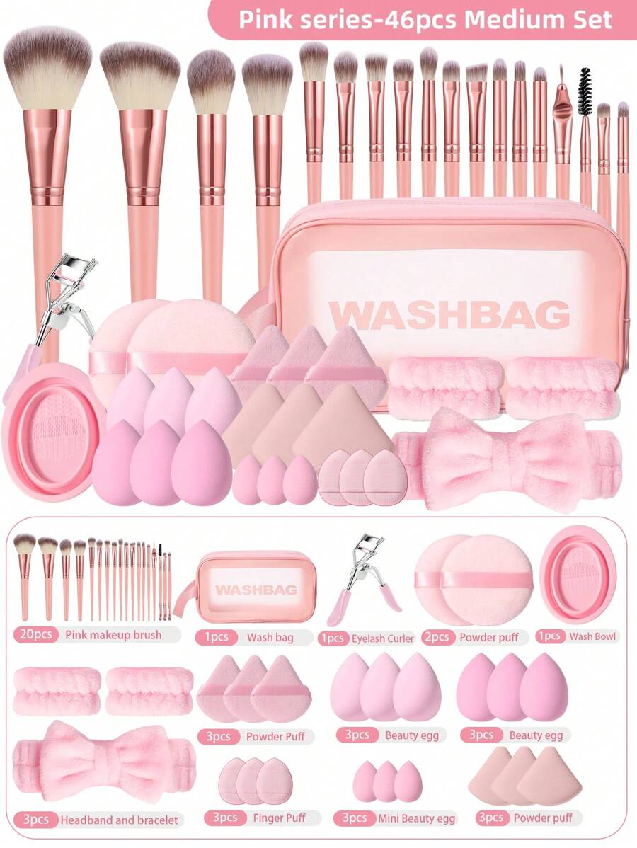 15/20/22/30/46件套化妆工具套装，包含：1个多功能拉链防水化妆包+18支化妆刷+6个化妆海绵+3个迷你化妆海绵+3个三角粉扑+3个迷你气垫粉扑+1个化妆刷清洁工具+1个发圈+2个手碗挂绳+1个睫毛夹+3个气垫粉扑+2个圆形粉扑。 - 彩色 - 查看 1