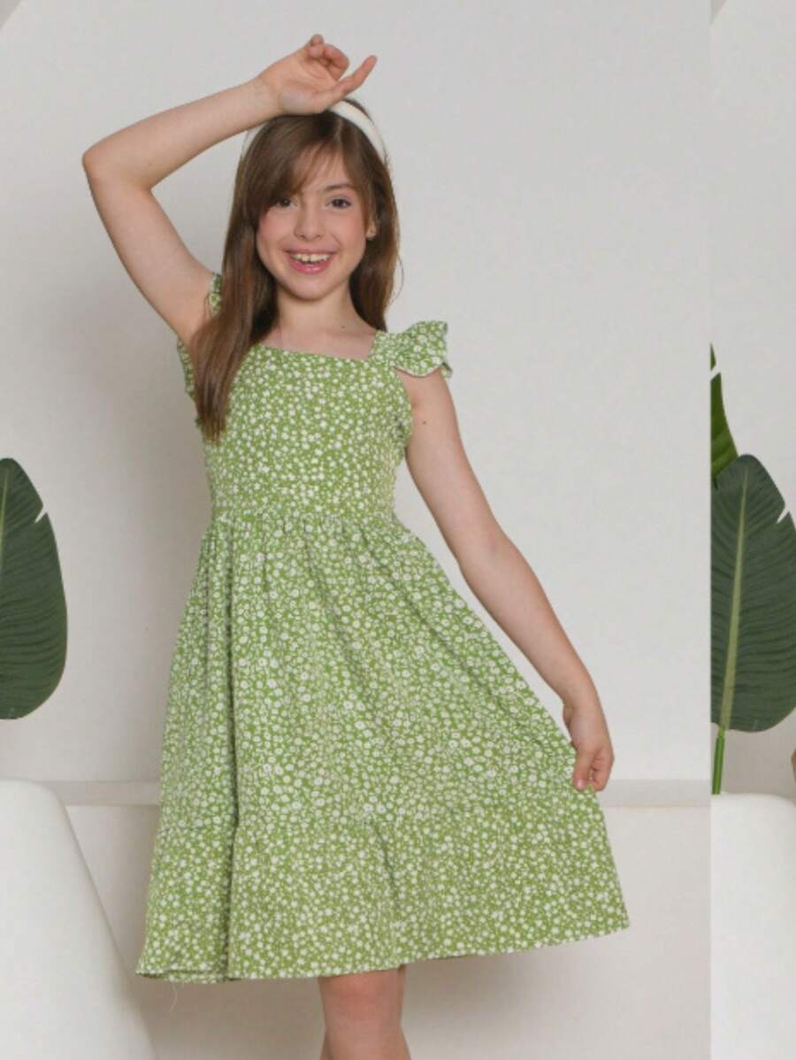 Children's Floral Dress - Màu xanh Ô liu - Xem 1