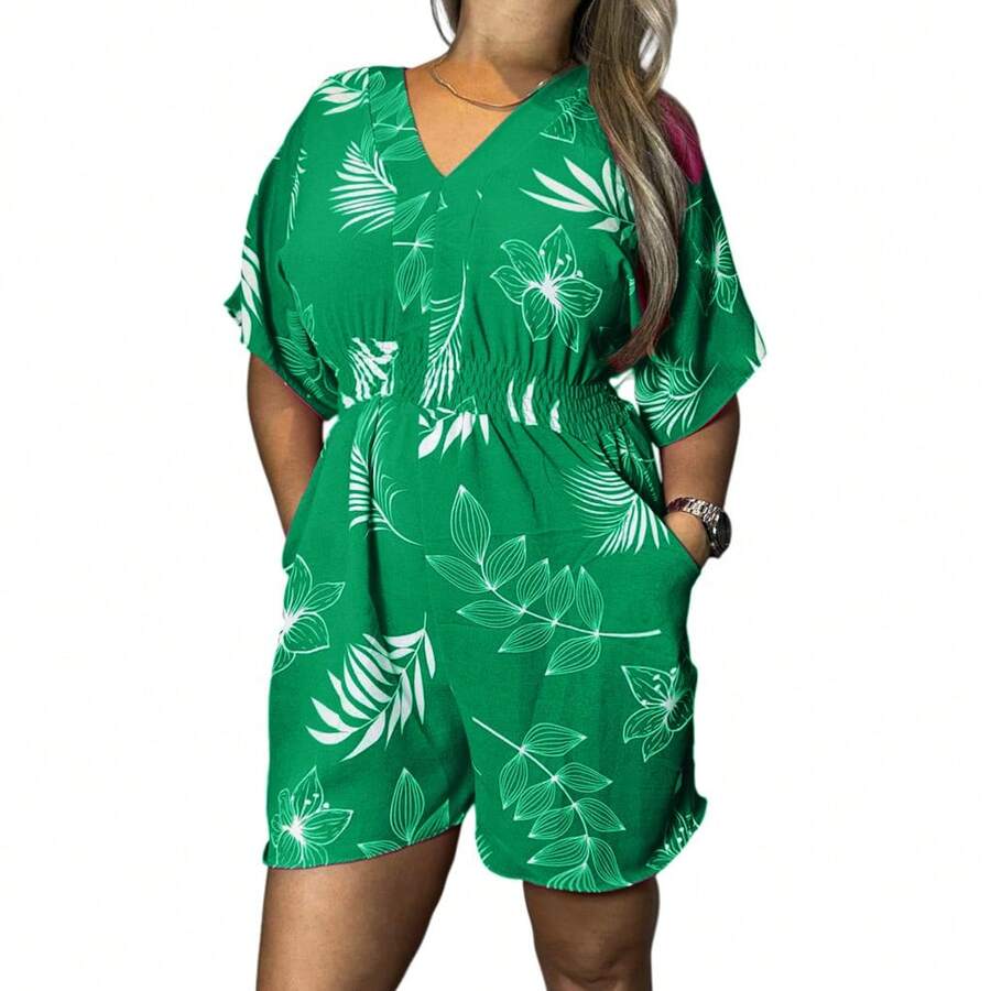 Women's Floral Print Short Flare Sleeve Romper 231 - 綠色 - 查看 1