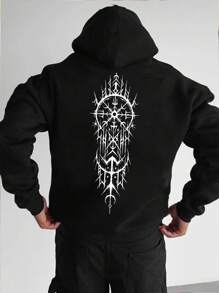 男士休闲纹身图案符文印花个性化保暖连帽衫，Emo风格，2000年代风格，适合秋冬季节，长袖上衣