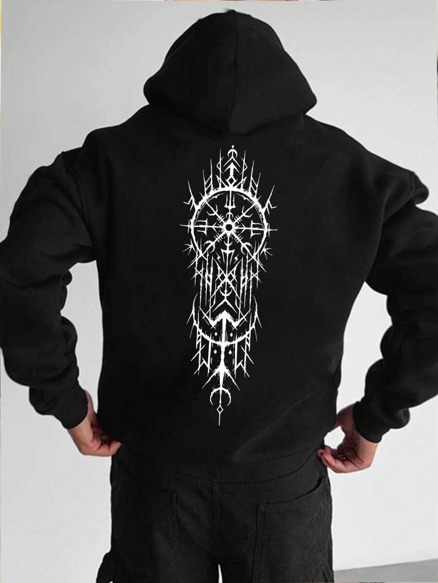 男士休闲纹身图案符文印花个性化保暖连帽衫，Emo风格，2000年代风格，适合秋冬季节，长袖上衣