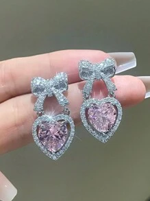 1 Paar rosa herzförmige, süße Schleifenohrringe, elegant für Frauen, Braut Hochzeits-Accessoires, Schmuck für Mädchen Abschlussball Partys
