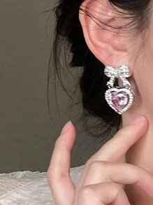 1 Paar rosa herzförmige, süße Schleifenohrringe, elegant für Frauen, Braut Hochzeits-Accessoires, Schmuck für Mädchen Abschlussball Partys
