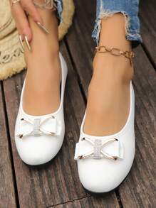 休闲黑色玛丽珍平底鞋，带纽扣装饰，女士圆头一脚蹬布鞋，舒适四季，TPR 鞋底 - 白色 - 查看 6