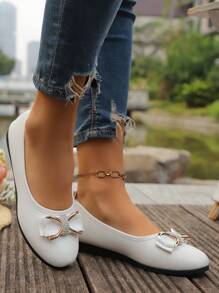 休闲黑色玛丽珍平底鞋，带纽扣装饰，女士圆头一脚蹬布鞋，舒适四季，TPR 鞋底 - 白色 - 查看 4