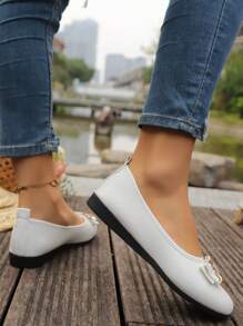 休闲黑色玛丽珍平底鞋，带纽扣装饰，女士圆头一脚蹬布鞋，舒适四季，TPR 鞋底 - 白色 - 查看 5