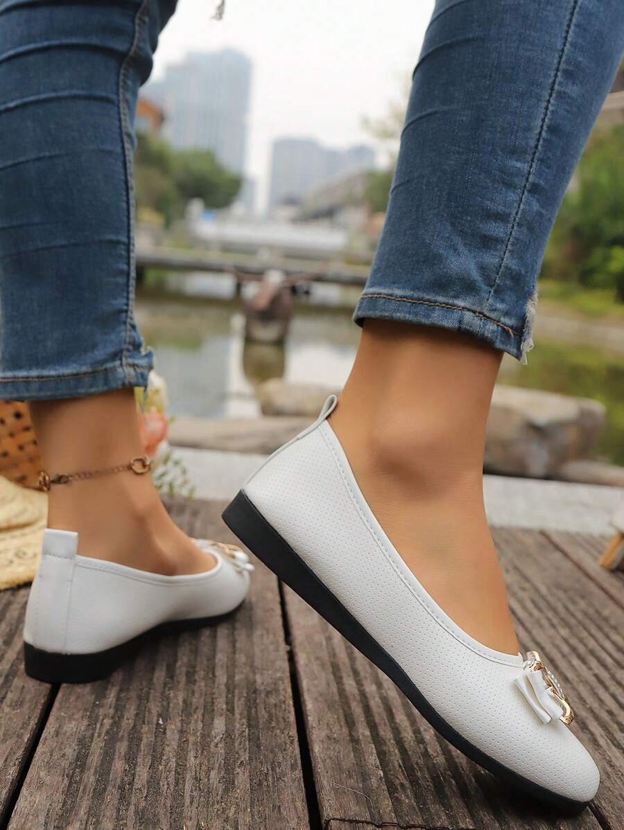 休闲黑色玛丽珍平底鞋,带纽扣装饰,女士圆头一脚蹬布鞋,舒适四季,TPR 鞋底 - 白色 - 查看 1