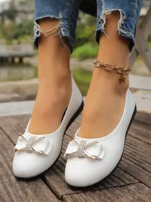 休闲黑色玛丽珍平底鞋，带纽扣装饰，女士圆头一脚蹬布鞋，舒适四季，TPR 鞋底 - 白色 - 查看 2