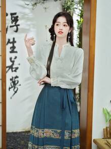 春季中国风白色优雅串珠花卉刺绣山水提花套头衫适合农历新年、日常、街头、通勤、家居等场合穿的汉服上衣唐装 - 白色 - 查看 8