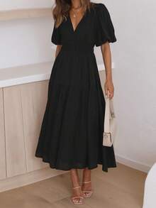 New Style Solid Color V-Neck Short Sleeve Dress, Elegant And Gentle - Black - View 4