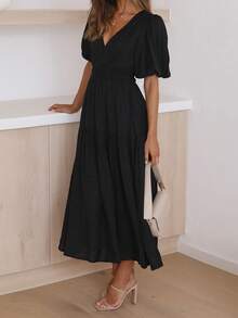 New Style Solid Color V-Neck Short Sleeve Dress, Elegant And Gentle - Black - View 5
