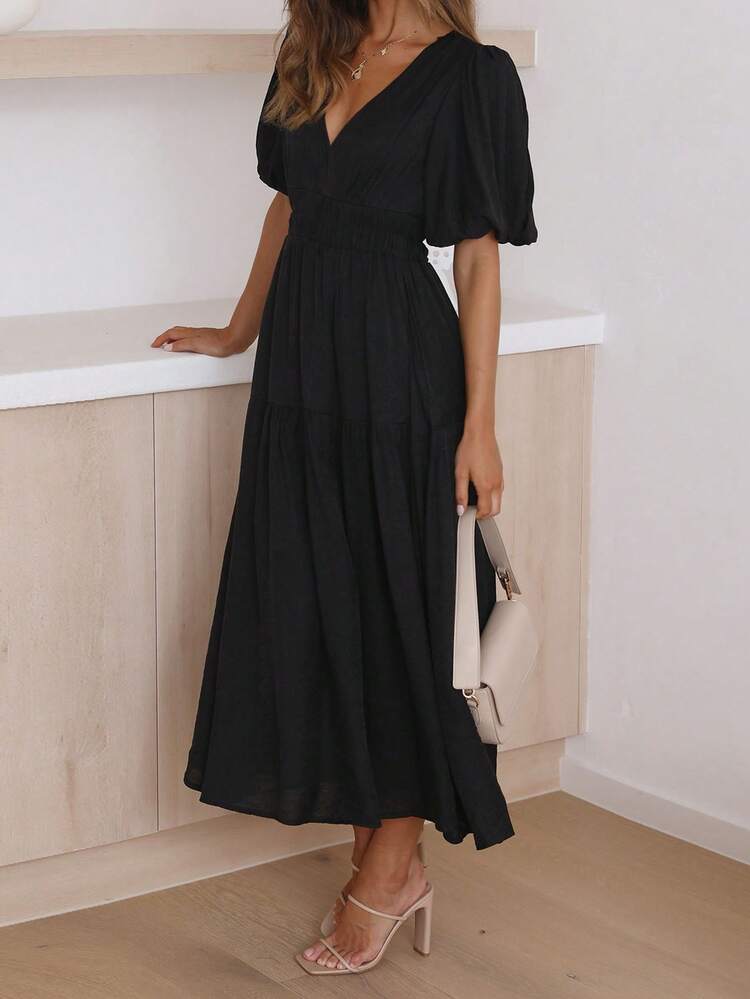 New Style Solid Color V-Neck Short Sleeve Dress, Elegant And Gentle - Black - View 5
