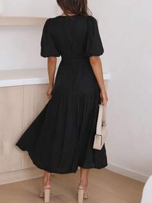 New Style Solid Color V-Neck Short Sleeve Dress, Elegant And Gentle - Black - View 3