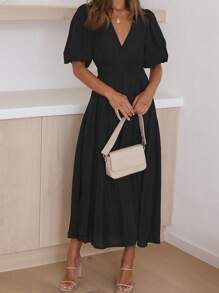 New Style Solid Color V-Neck Short Sleeve Dress, Elegant And Gentle - Black - View 2