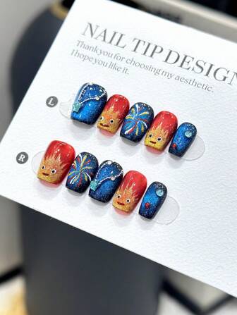 10 件手工短梯形美甲片，可爱卡通系列，复杂工艺手绘卡通人物，烟花猫眼配水钻装饰，高端美甲饰品，短款设计适合日常佩戴，带美甲片套装按压式美甲用品美甲