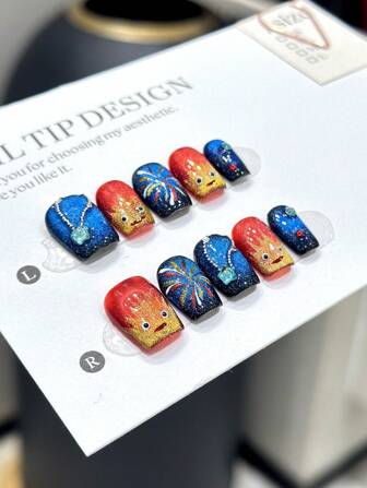10Pcs Handmade Short Trapezoid Nail Art Tips, Cute Cartoon Series, Complex Craft Hand-Painted Cartoon Figures, Fireworks Cat'S Eye With Rhinestones Decor, High-End Nail Ornaments, Short Design Suitable For Daily Wear, With Nail Tips Set Press On Nails Nail Supplies Nails