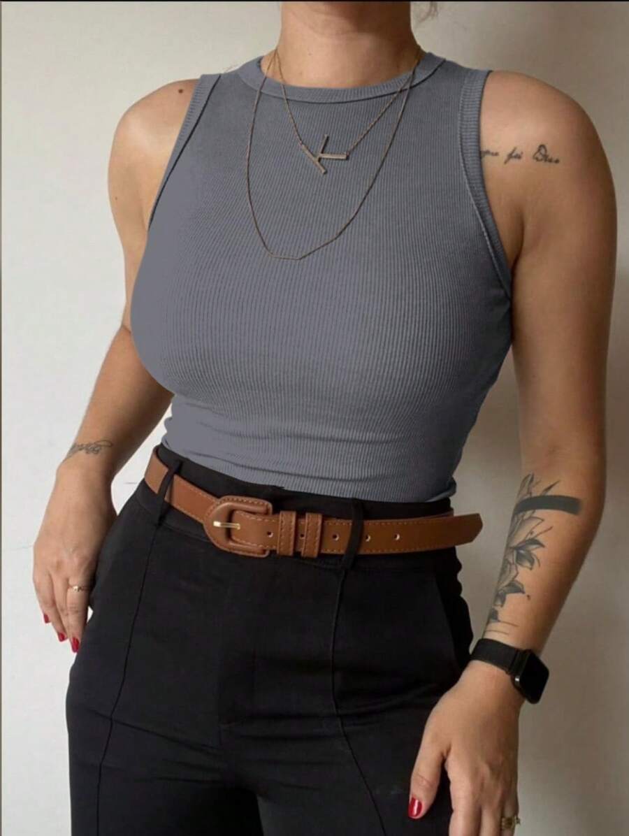 Women's Basic Ribbed Tank Top Ribana - Grey - View 1