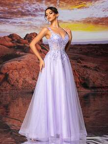 Purple Tulle Slip Dress Long A Line Sparkly Embroidery Prom Dress, Elegant Semi Formal Dress, For Birthday, Wedding Guest, Graduation Homecoming Party Dress - Purple - View 3