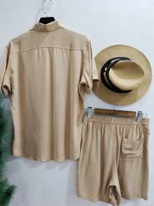 Plain Shirt And Shorts Set For Men Adult Viscose Fabric With Elastane Shrinks A Little - 卡其色 - 查看 2