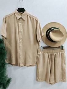 Plain Shirt And Shorts Set For Men Adult Viscose Fabric With Elastane Shrinks A Little - 卡其色 - 查看 1