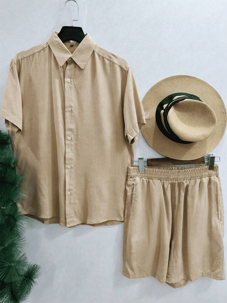 Plain Shirt And Shorts Set For Men Adult Viscose Fabric With Elastane Shrinks A Little - 卡其色 - 查看 1