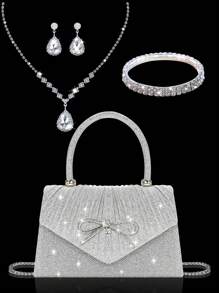 Elegante mini bolso de mujer con lazo brillante, combinado con un exquisito y lujoso set de 4 piezas que incluye pulsera, collar y pendientes con strass, un bolso de solapa plisado de color liso y elegante, adecuado para fiestas, bailes, reuniones, banquetes y bodas. Es el mejor regalo para Año Nuevo. Glamuroso bolso de strass.