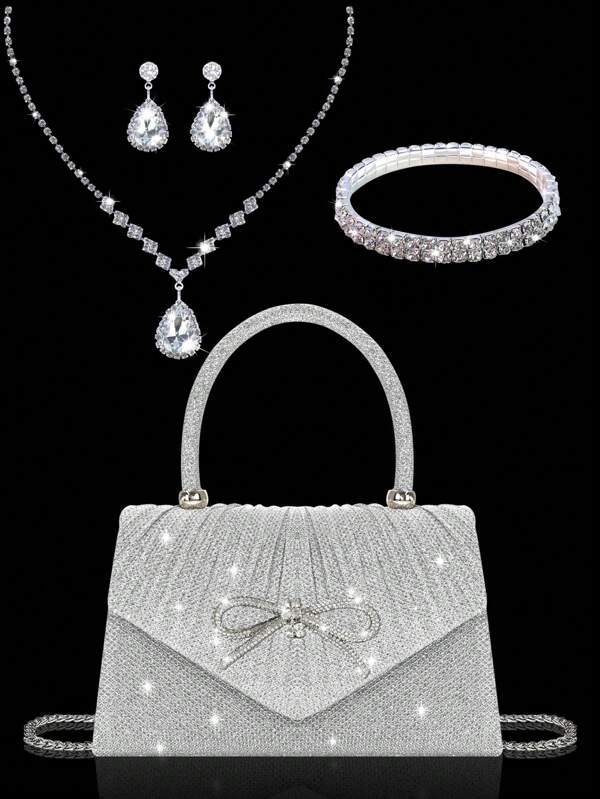 Elegante mini bolso de mujer con lazo brillante, combinado con un exquisito y lujoso set de 4 piezas que incluye pulsera, collar y pendientes con strass, un bolso de solapa plisado de color liso y elegante, adecuado para fiestas, bailes, reuniones, banquetes y bodas. Es el mejor regalo para Año Nuevo. Glamuroso bolso de strass.
