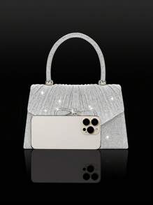 Elegante mini bolso de mujer con lazo brillante, combinado con un exquisito y lujoso set de 4 piezas que incluye pulsera, collar y pendientes con strass, un bolso de solapa plisado de color liso y elegante, adecuado para fiestas, bailes, reuniones, banquetes y bodas. Es el mejor regalo para Año Nuevo. Glamuroso bolso de strass.