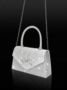 Elegante mini bolso de mujer con lazo brillante, combinado con un exquisito y lujoso set de 4 piezas que incluye pulsera, collar y pendientes con strass, un bolso de solapa plisado de color liso y elegante, adecuado para fiestas, bailes, reuniones, banquetes y bodas. Es el mejor regalo para Año Nuevo. Glamuroso bolso de strass.