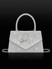 Elegante mini bolso de mujer con lazo brillante, combinado con un exquisito y lujoso set de 4 piezas que incluye pulsera, collar y pendientes con strass, un bolso de solapa plisado de color liso y elegante, adecuado para fiestas, bailes, reuniones, banquetes y bodas. Es el mejor regalo para Año Nuevo. Glamuroso bolso de strass.