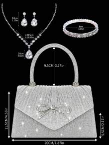Elegante mini bolso de mujer con lazo brillante, combinado con un exquisito y lujoso set de 4 piezas que incluye pulsera, collar y pendientes con strass, un bolso de solapa plisado de color liso y elegante, adecuado para fiestas, bailes, reuniones, banquetes y bodas. Es el mejor regalo para Año Nuevo. Glamuroso bolso de strass.