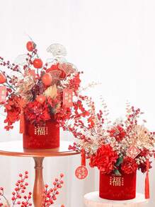 1pc Spring Festival Decoration Ornament, New Year Hot Stamping Velvet Lucky Bucket, Chinese New Year Round Gift Boxes Fake Flowers Vase, Round Lucky Boxes Ornaments Desktop Decorations - Red - View 6