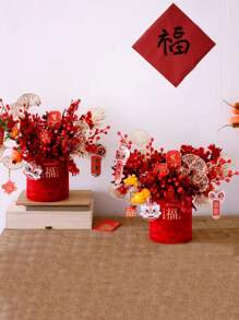 1pc Spring Festival Decoration Ornament, New Year Hot Stamping Velvet Lucky Bucket, Chinese New Year Round Gift Boxes Fake Flowers Vase, Round Lucky Boxes Ornaments Desktop Decorations - Red - View 5