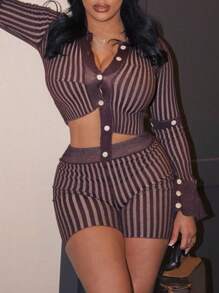 Women's Striped Knit Two-Piece Outfit, Long Sleeve Slim Button Down T-Shirt And Shorts - 棕色 - 查看 1