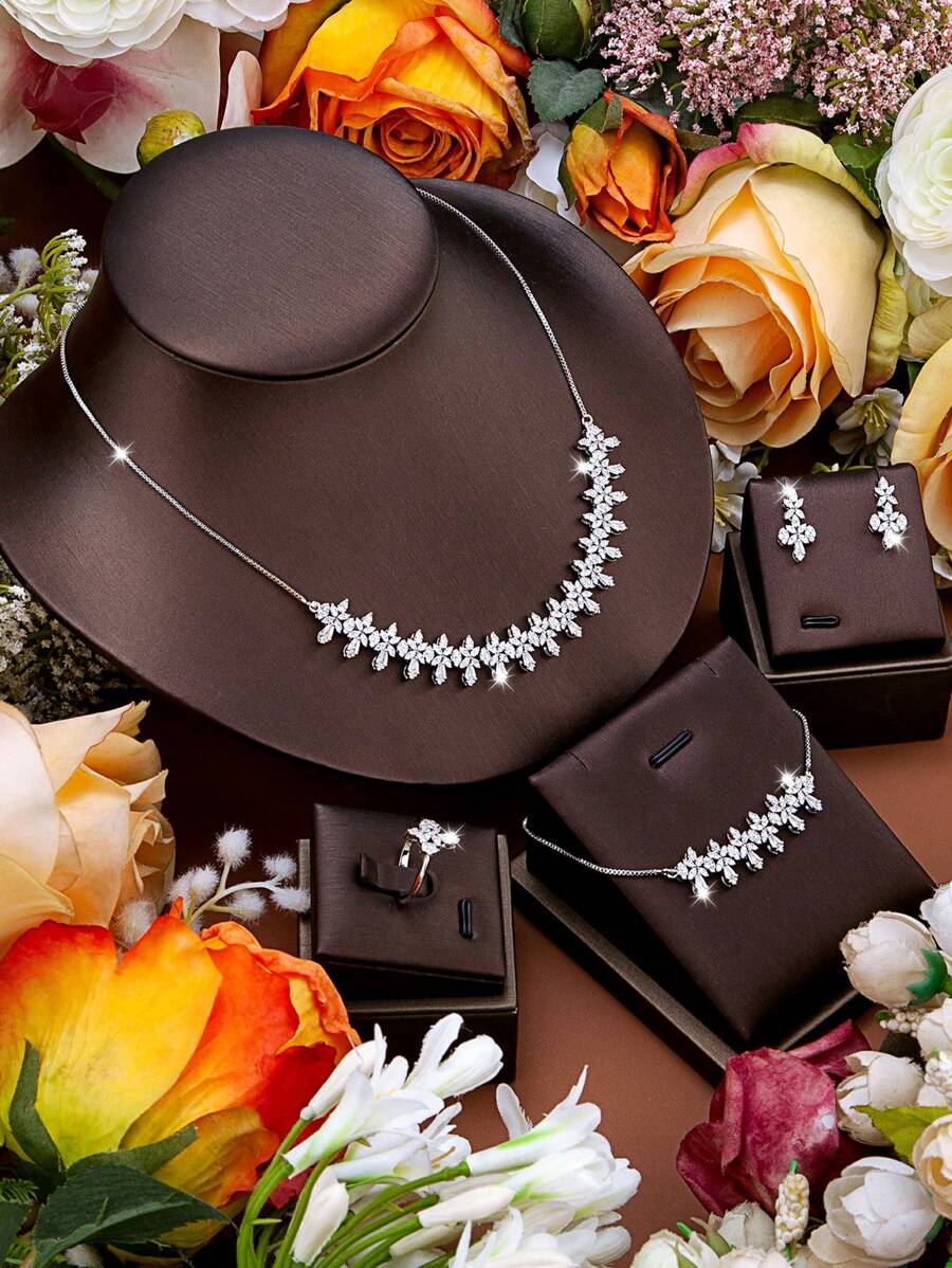 DV JEWELRY 5 件套白金镀奢华方晶锆石项链、手链、耳环、开口戒指首饰套装，优雅礼品套装带盒，适合女性、妈妈、婚礼、周年纪念 - 銀色 - 查看 1