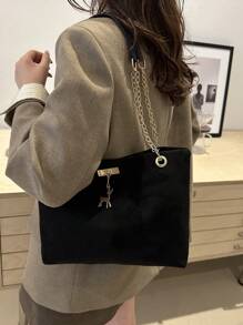 1pc Polyester Deer Pattern Decorative Large Capacity Zipper Shoulder Tote Bag, Suitable For Women's Daily Use - Black - View 5