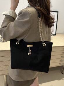 1pc Polyester Deer Pattern Decorative Large Capacity Zipper Shoulder Tote Bag, Suitable For Women's Daily Use - Black - View 4