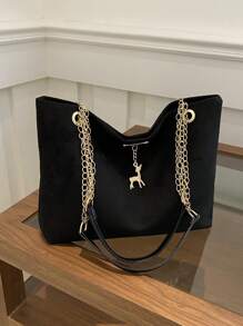 1pc Polyester Deer Pattern Decorative Large Capacity Zipper Shoulder Tote Bag, Suitable For Women's Daily Use - Black - View 10