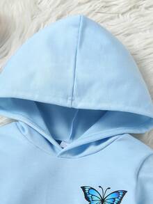 2pcs/Set Young Girls Solid Color & Butterfly Print Hoodie Sweatshirt And Straight Leg Pants, Autumn/Winter - Blue - View 3