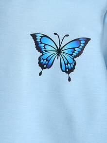 2pcs/Set Young Girls Solid Color & Butterfly Print Hoodie Sweatshirt And Straight Leg Pants, Autumn/Winter - Blue - View 4