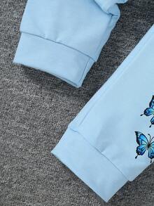 2pcs/Set Young Girls Solid Color & Butterfly Print Hoodie Sweatshirt And Straight Leg Pants, Autumn/Winter - Blue - View 8