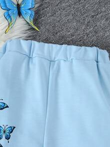 2pcs/Set Young Girls Solid Color & Butterfly Print Hoodie Sweatshirt And Straight Leg Pants, Autumn/Winter - Blue - View 6