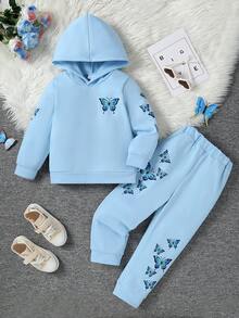 2pcs/Set Young Girls Solid Color & Butterfly Print Hoodie Sweatshirt And Straight Leg Pants, Autumn/Winter - Blue - View 1